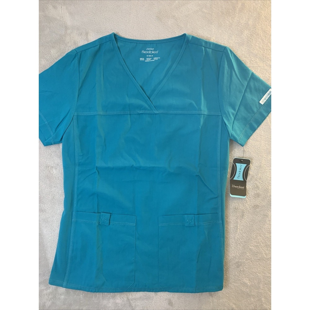 Cherokee Flexibles New Women Top Small Teal Blue 2 Pockets
